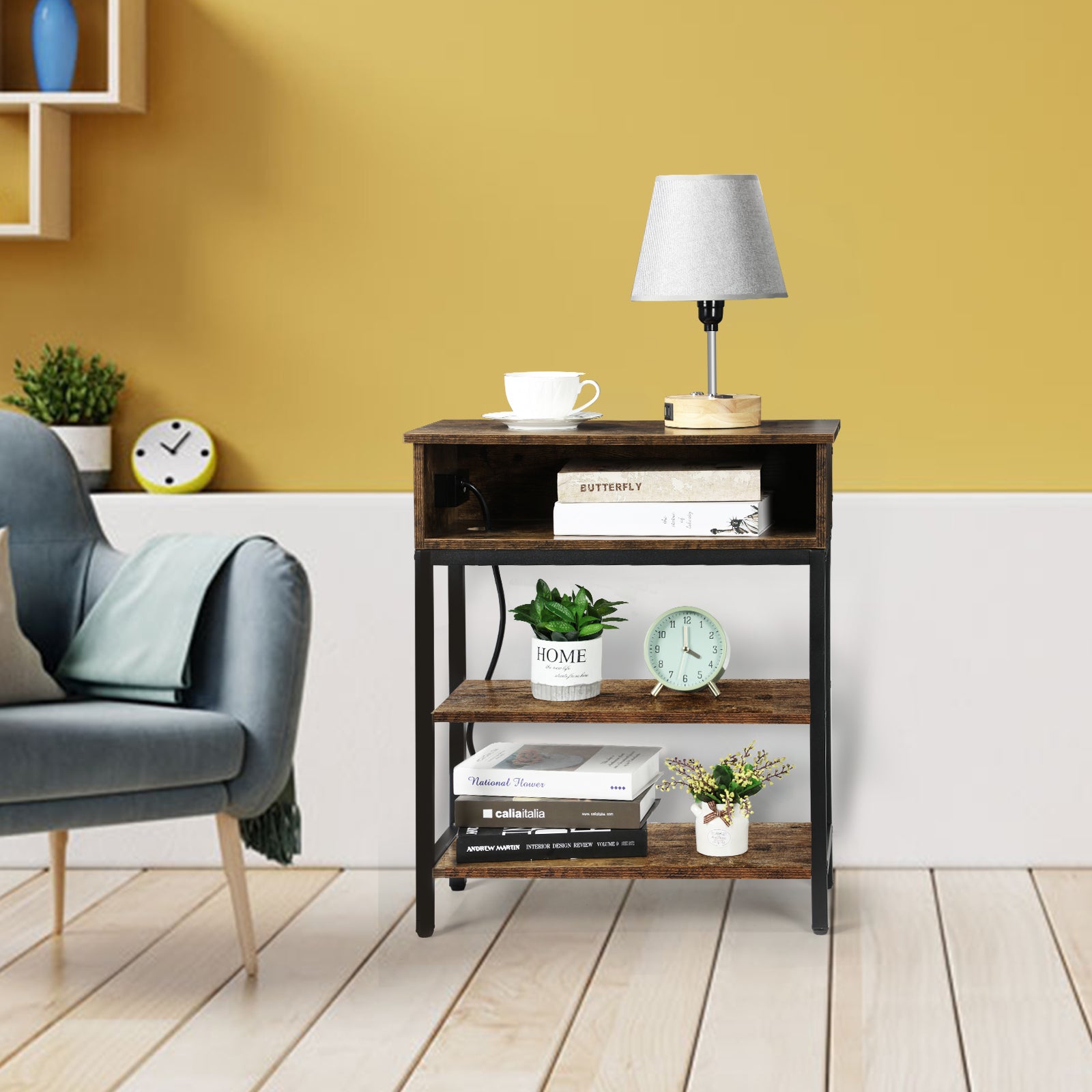 Industrial Coffee Table with Open Storage Shelf - Rustic Brown Living Room Center Table with Metal Frame