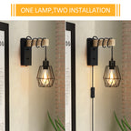 Set of 2 Industrial Plug-in Wall Lamps with Metal Cage Shades and Natural Wood Accents for Bedroom, Living Room, or Study