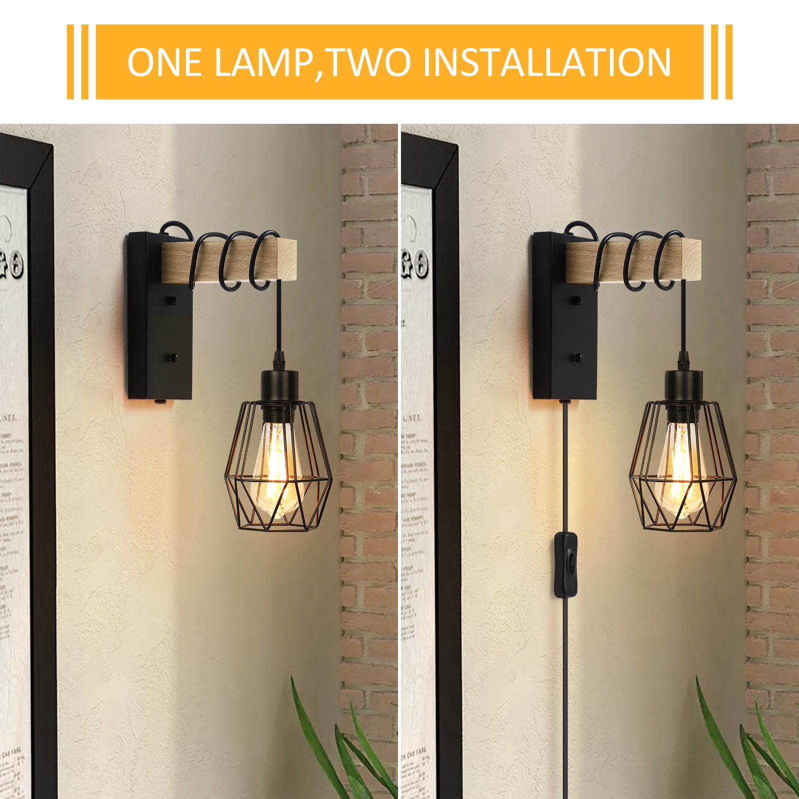 Set of 2 Industrial Plug-in Wall Lamps with Metal Cage Shades and Natural Wood Accents for Bedroom, Living Room, or Study