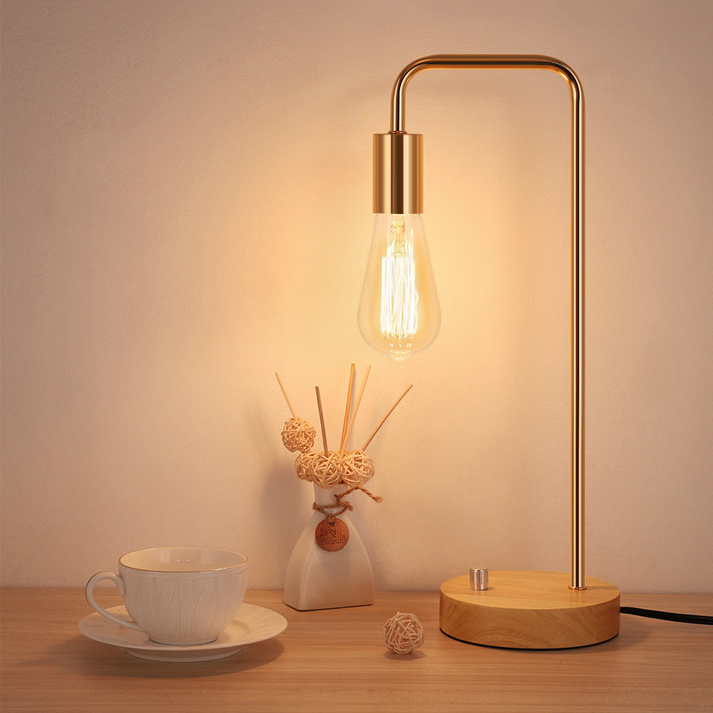 Elegant Gold Industrial Desk Lamp with Wood Base and Metal Frame, Retro Edison Style Nightstand Light for Bedrooms, Dorms, and Home Offices