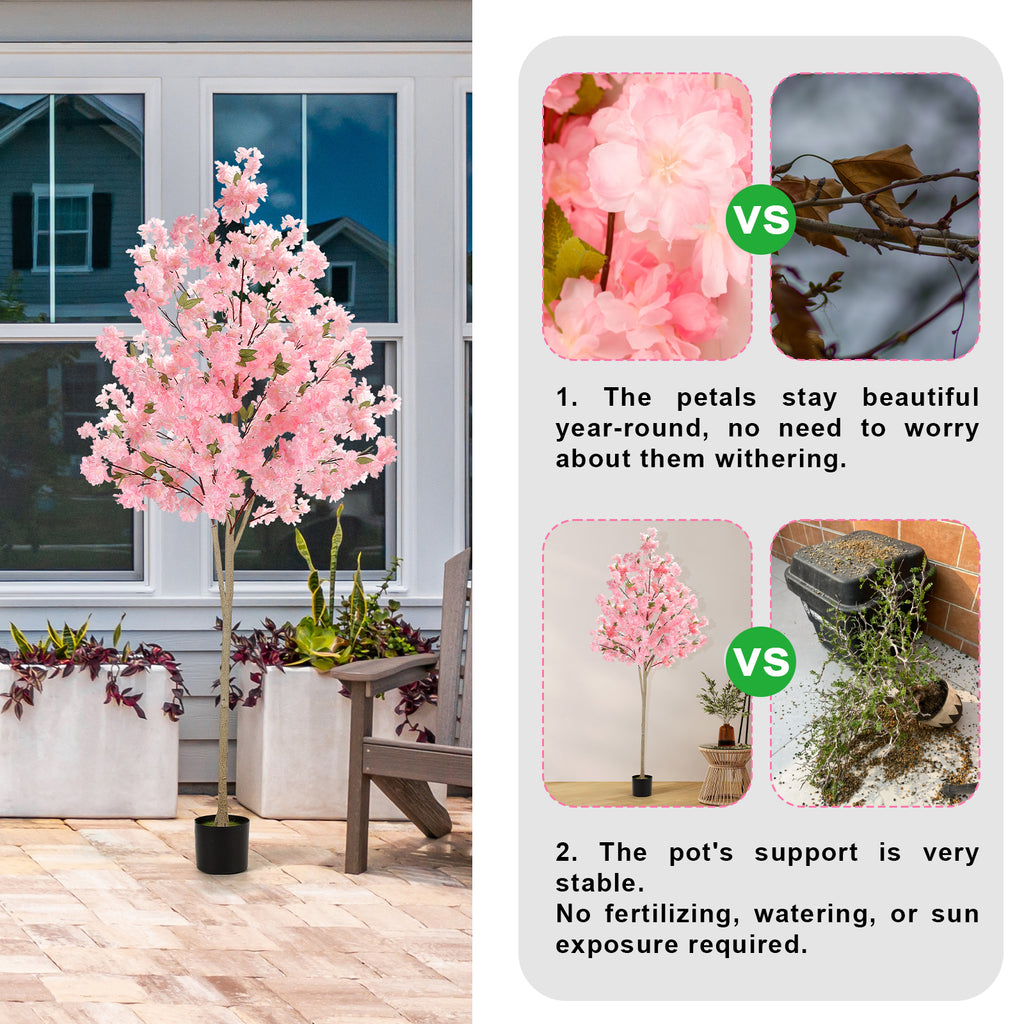 6FT Artificial Cherry Blossom Tree, Lifelike Pink Silk Faux Sakura Tree with Moss Covered Plastic Planter Pot, No Maintenance Fake Flower Tree Decor for Home Living Room Office Wedding Garden Party Indoor Outdoor