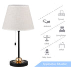 Modern Nightstand Lamp Set with Black/Linen Finish， Unique Metal Base Lamps for College Dorm.