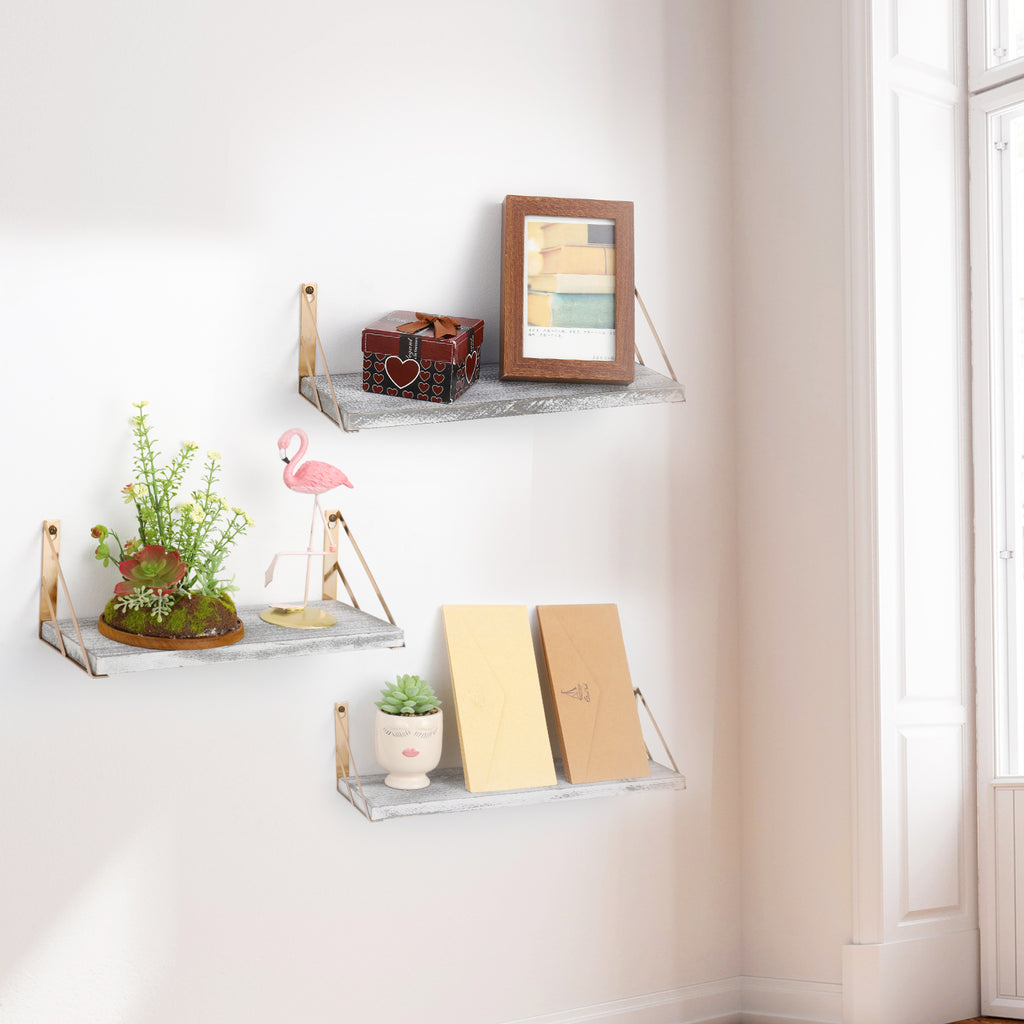 Distressed Wood Floating Wall Shelves with Gold Brackets - Decorative 3-Piece Set for Plants and Room Decor