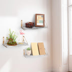 Distressed Wood Floating Wall Shelves with Gold Brackets - Decorative 3-Piece Set for Plants and Room Decor
