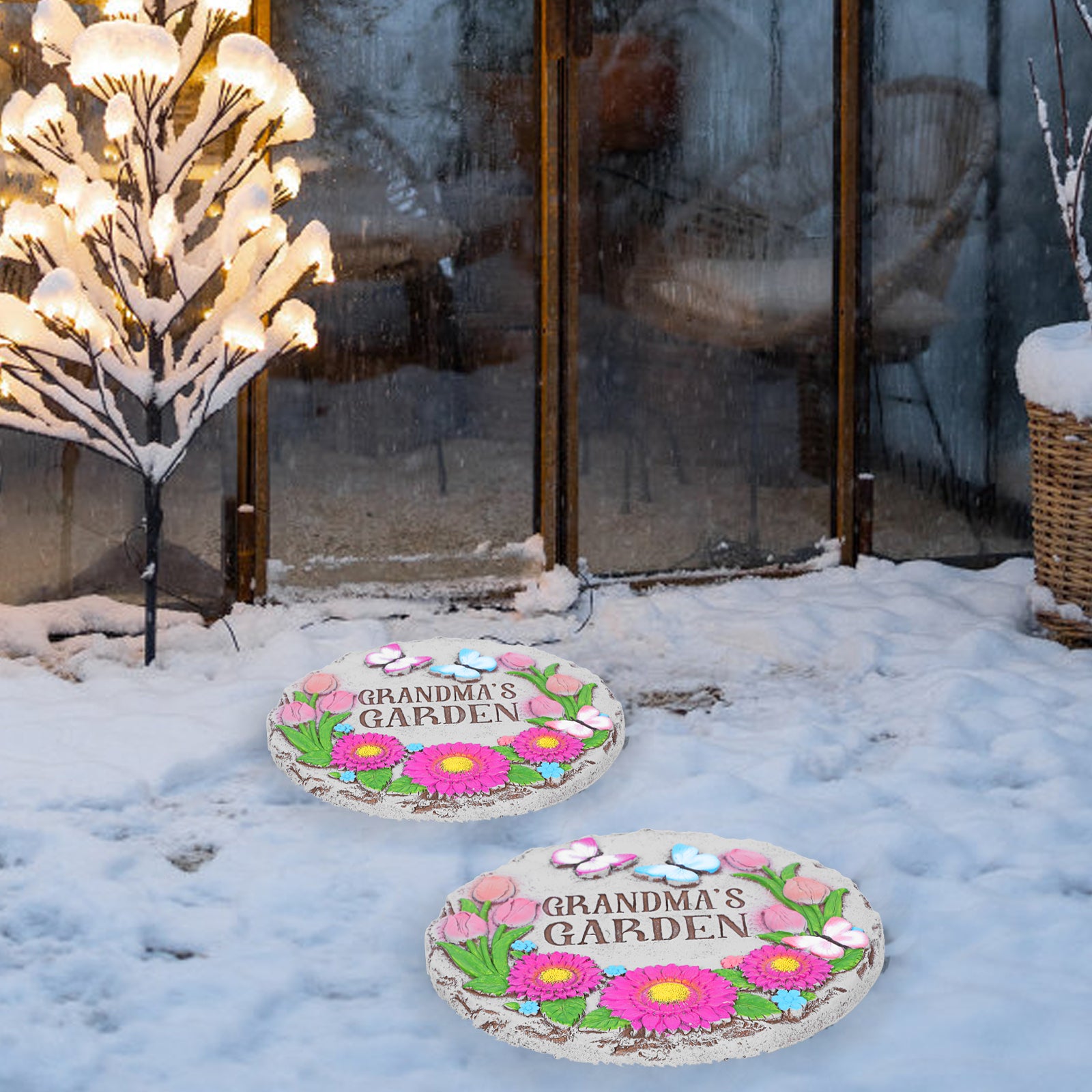 2-Pack Grandma's Garden Stepping Stones - 10inch Decorative Outdoor Pavers - Floral Design Walkway Stones, Heartfelt Gift for Nana