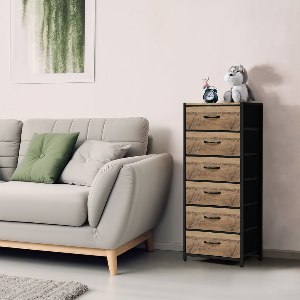 6-Drawer Rustic Brown Dresser - Fabric Chest of Drawers with Wood Top for Bedroom
