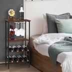 Industrial Floor Wine Bar - 8-Bottle Storage Rack and Stemware Holder in Rustic Brown for Home Kitchen and Dining Areas