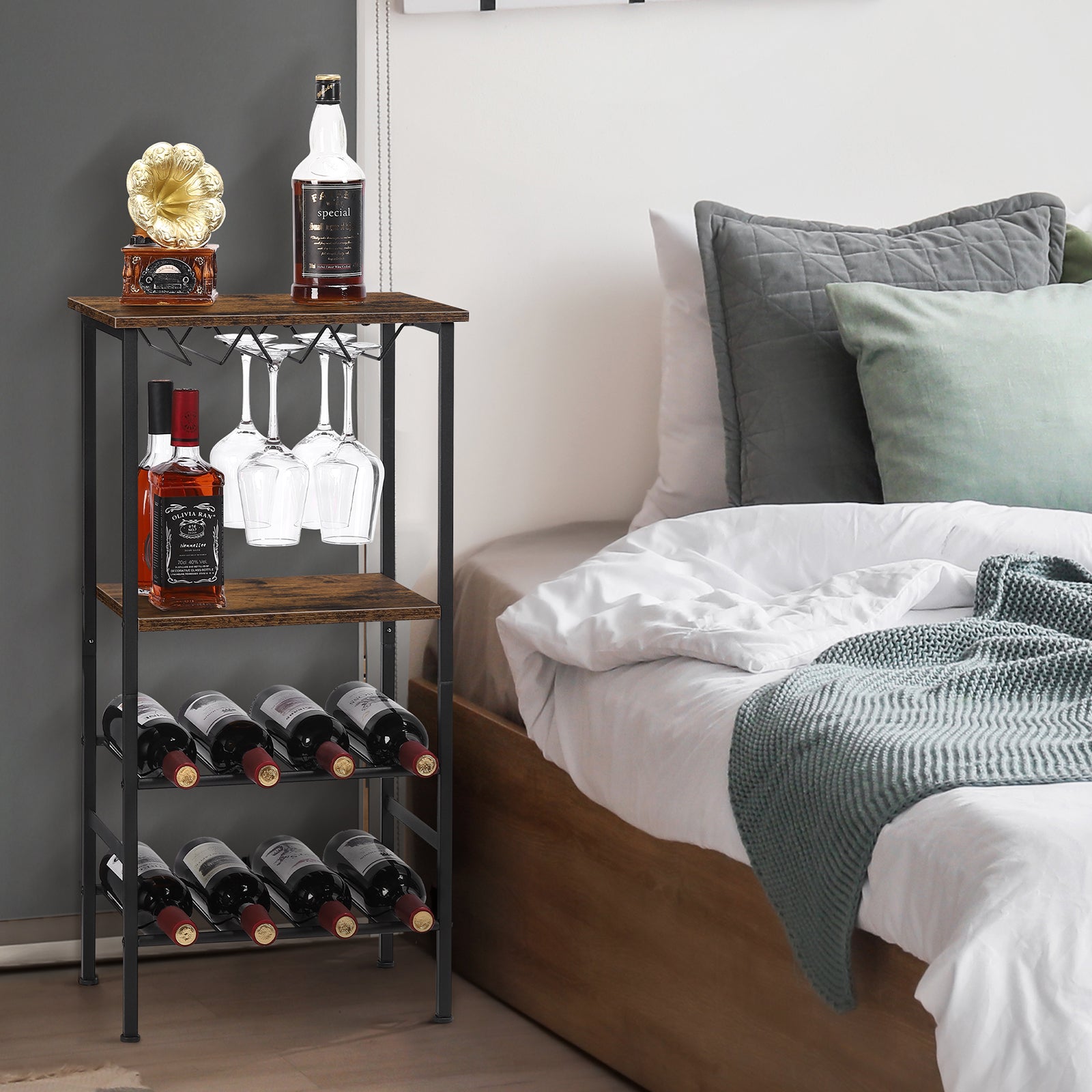 Industrial Floor Wine Bar - 8-Bottle Storage Rack and Stemware Holder in Rustic Brown for Home Kitchen and Dining Areas