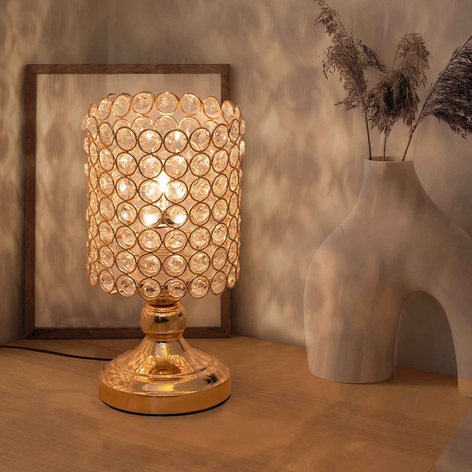 Elegant Small Crystal Gold Desk Lamp, Modern Bedside Nightstand Lamp for Kids' Room & Living Room