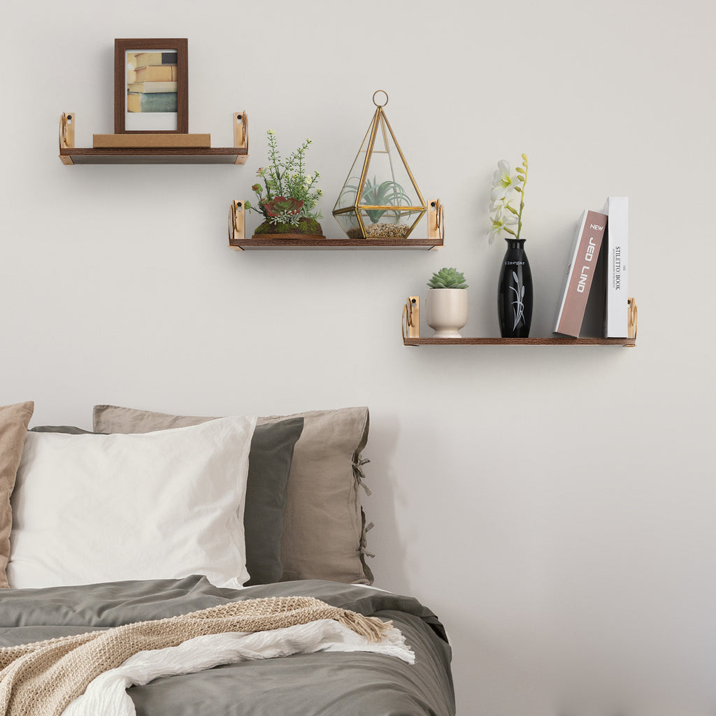 Torched Finish Floating Shelves with Gold Circular Brackets - Set of 3 Wall Mounted Display Shelves