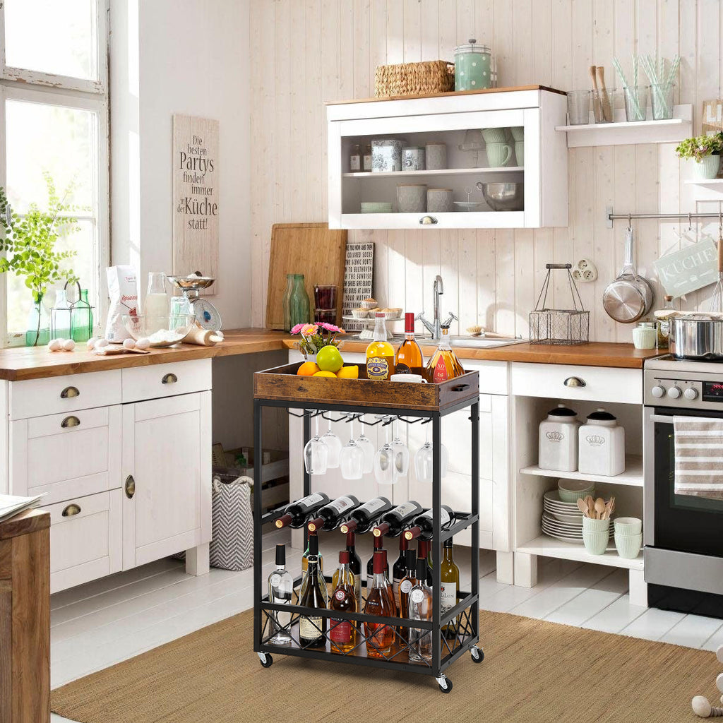 Beverage trolleys and beverage bottle racks, mobile kitchen service trolleys with storage and glass brackets, movable beverage trays, wheels and handles on trolleys, plain brown
