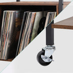 Record holder with vinyl record storage, grey turntable stand with charging station, record player stand with removable wheels