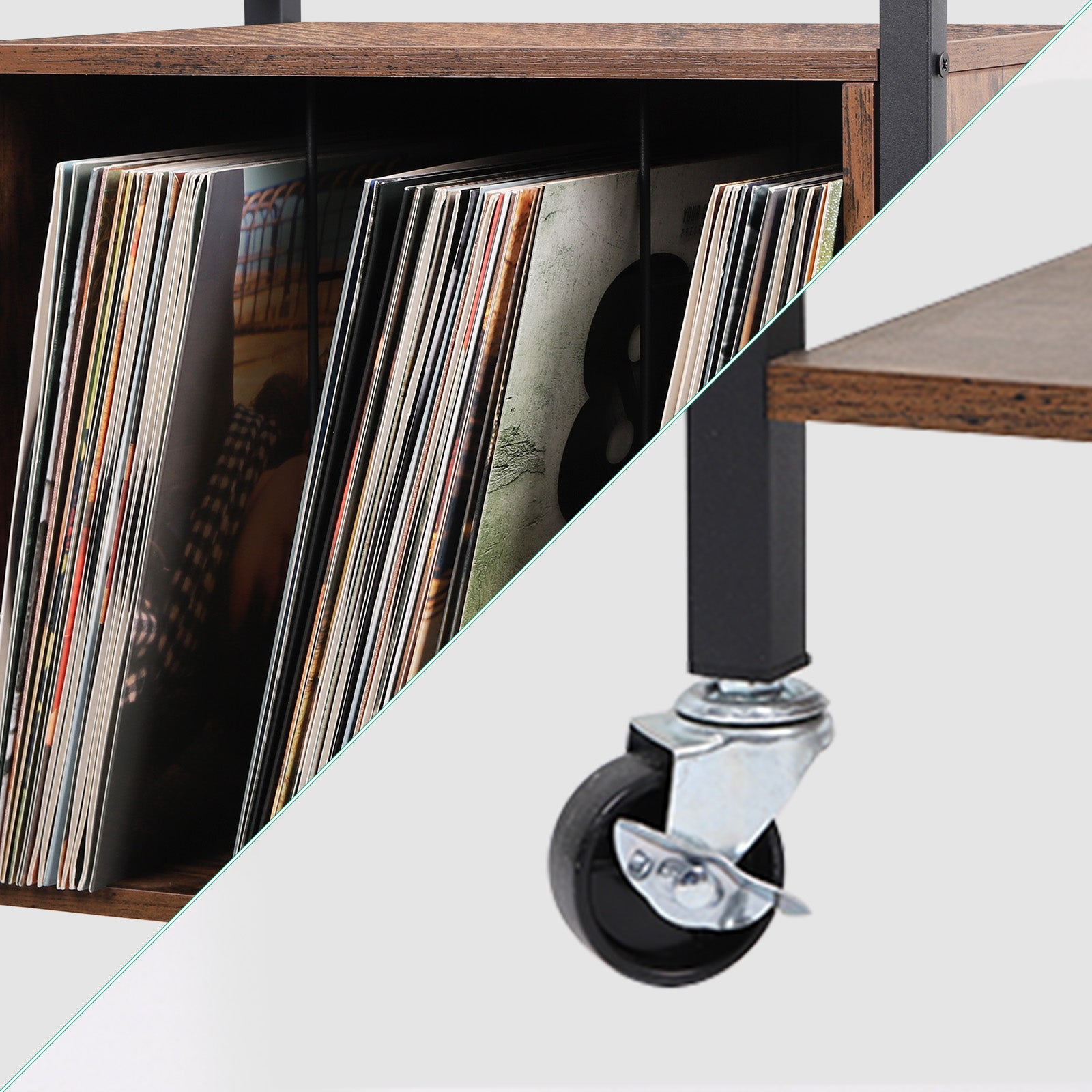 Record holder with vinyl record storage, grey turntable stand with charging station, record player stand with removable wheels