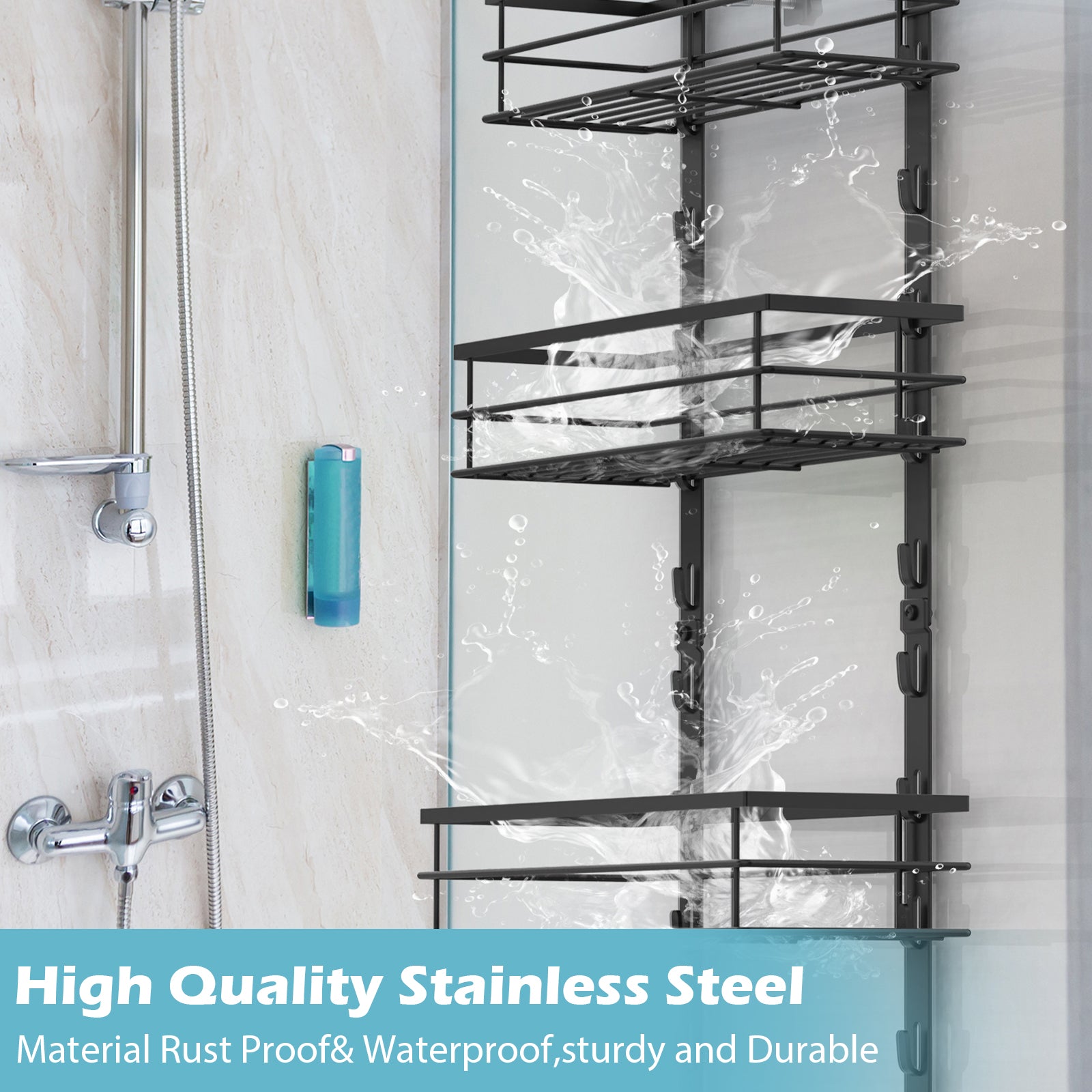 Adjustable 4 Tier Over the Door Shower Caddy, Bathroom Hanging Organizer Shelf Rustproof with Hooks, Shower Basket with Soap Holder