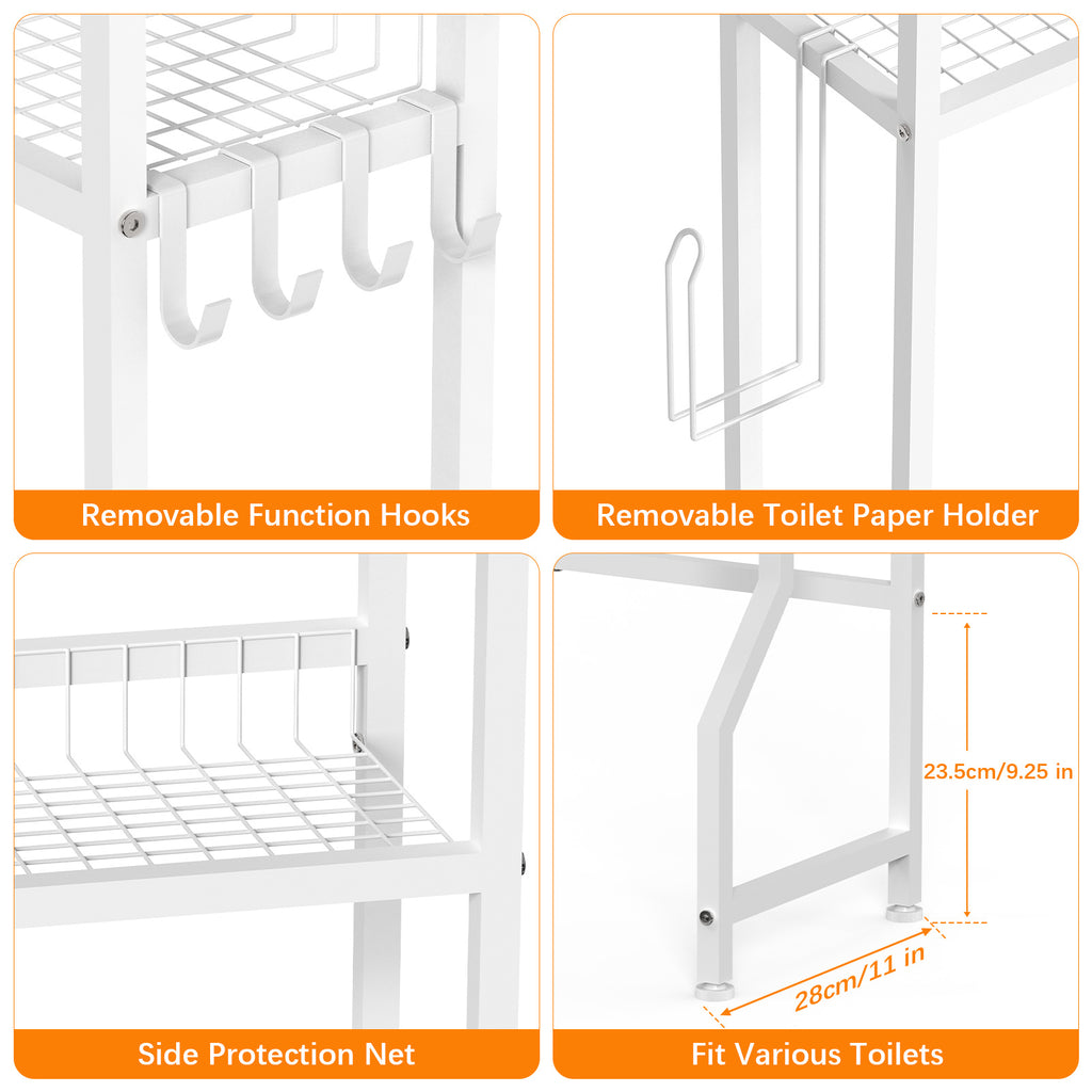 3-Tier Over the Toilet Storage Rack, Freestanding Space-Saving Bathroom Organizer, White Metal Shelf