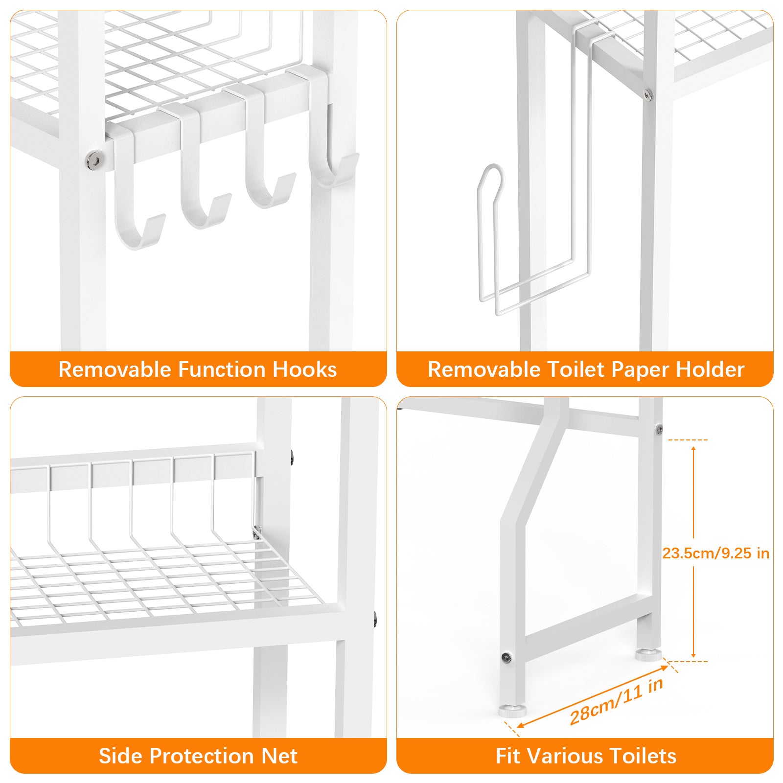 3-Tier Over the Toilet Storage Rack, Freestanding Space-Saving Bathroom Organizer, White Metal Shelf