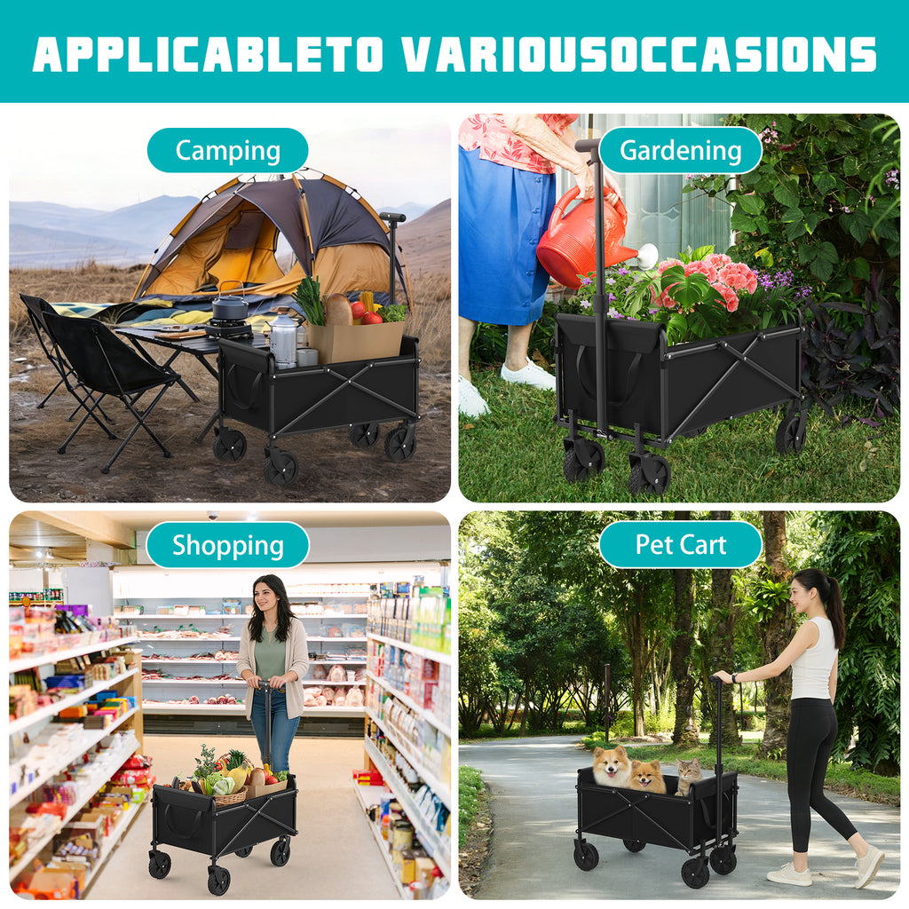 Collapsible Heavy Duty Wagon Cart, 300 LBS Large Capacity Foldable Utility Cart with Adjustable Handle & All-Terrain Wheels, Waterproof Outdoor Beach Camping Grocery Garden Shopping Cart, Black
