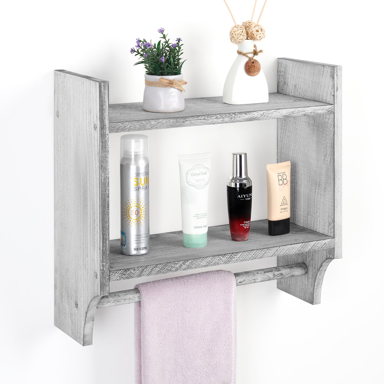 2-Tier Rustic Bathroom Shelf with Towel Bar for for Bathroom/Living Room/Kitchen/Bedroom, Wall Mounted Bathroom Shelf above Toilet Storage Cabinet, Gray-Green