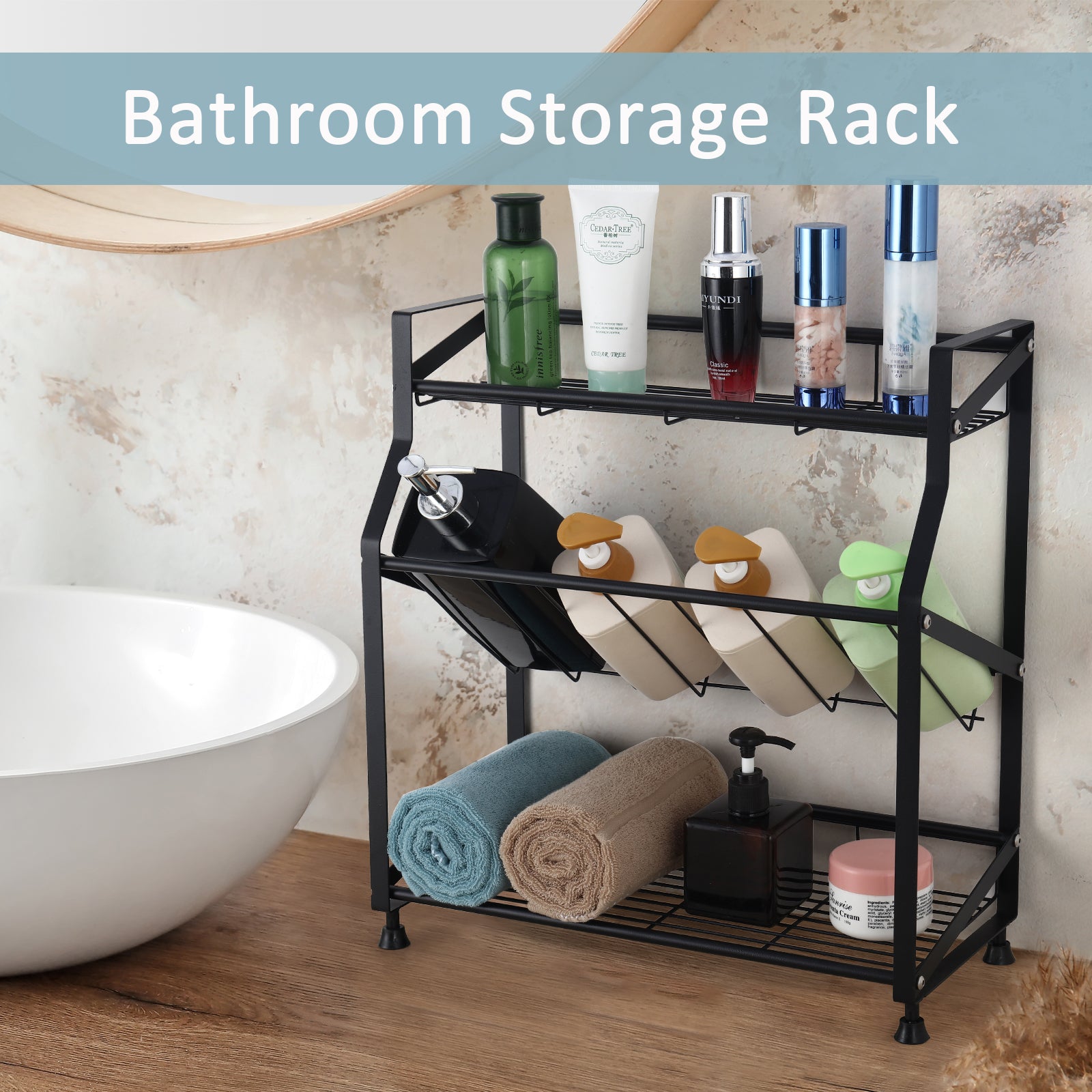3-Tier Black Metal Spice Rack - Countertop Kitchen Organizer, Standing Jars & Bottle Storage Holder