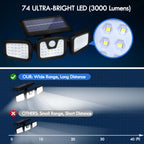 3-Head Solar Motion Sensor Lights Outdoor, Foldable & Rotatable LED Security Flood Light with Remote Control