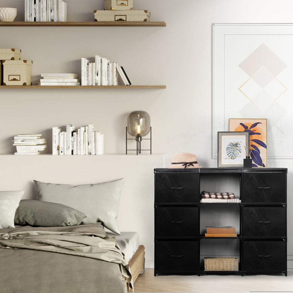 6/8 Drawer Fabric Storage Dresser with Open Middle Shelves, PU Leather Top Chest of Drawers, Modular Metal Frame Vertical Organizer Cabinet, Freestanding Closet Organizer for Bedroom, Entryway, Living Room, Salon