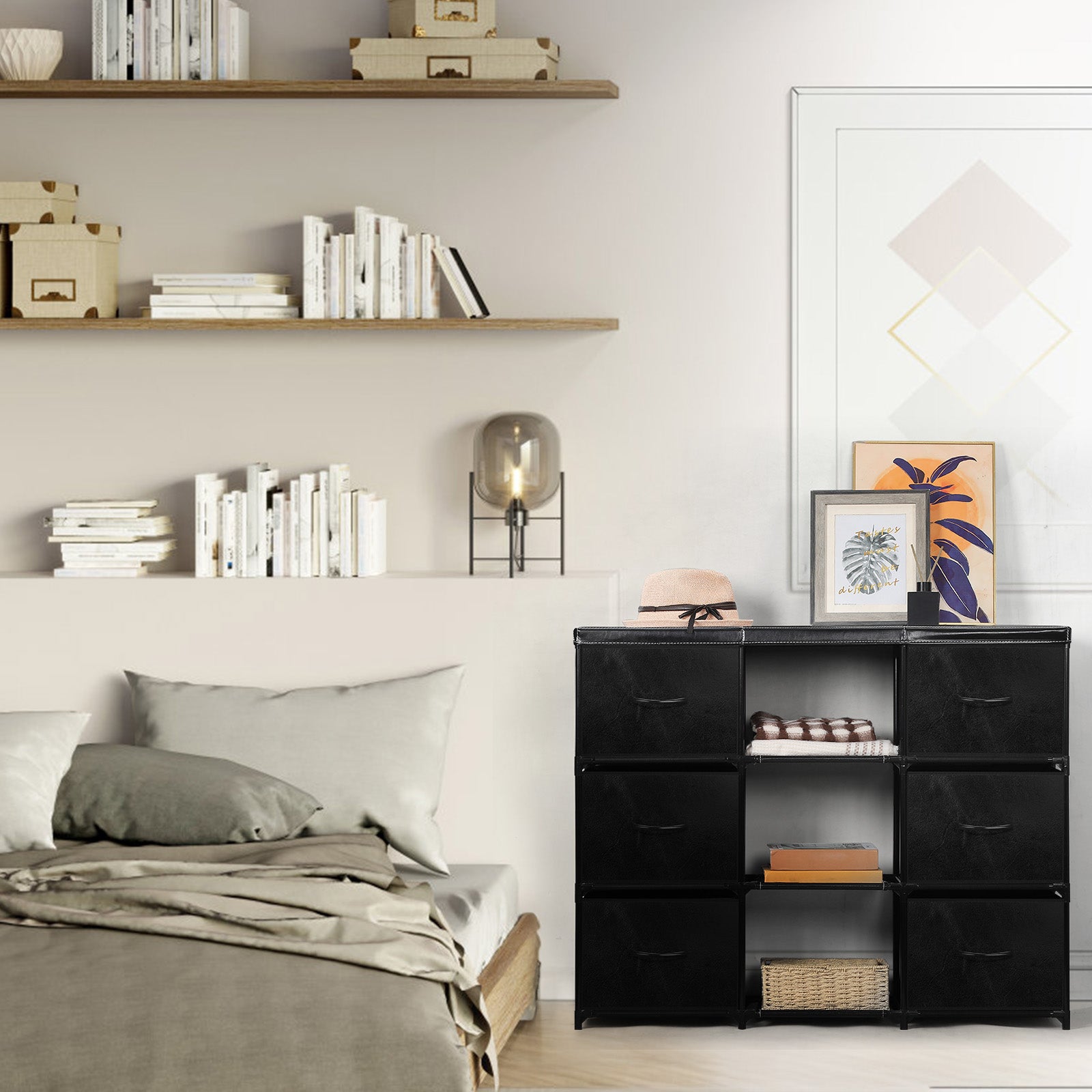6/8 Drawer Fabric Storage Dresser with Open Middle Shelves, PU Leather Top Chest of Drawers, Modular Metal Frame Vertical Organizer Cabinet, Freestanding Closet Organizer for Bedroom, Entryway, Living Room, Salon