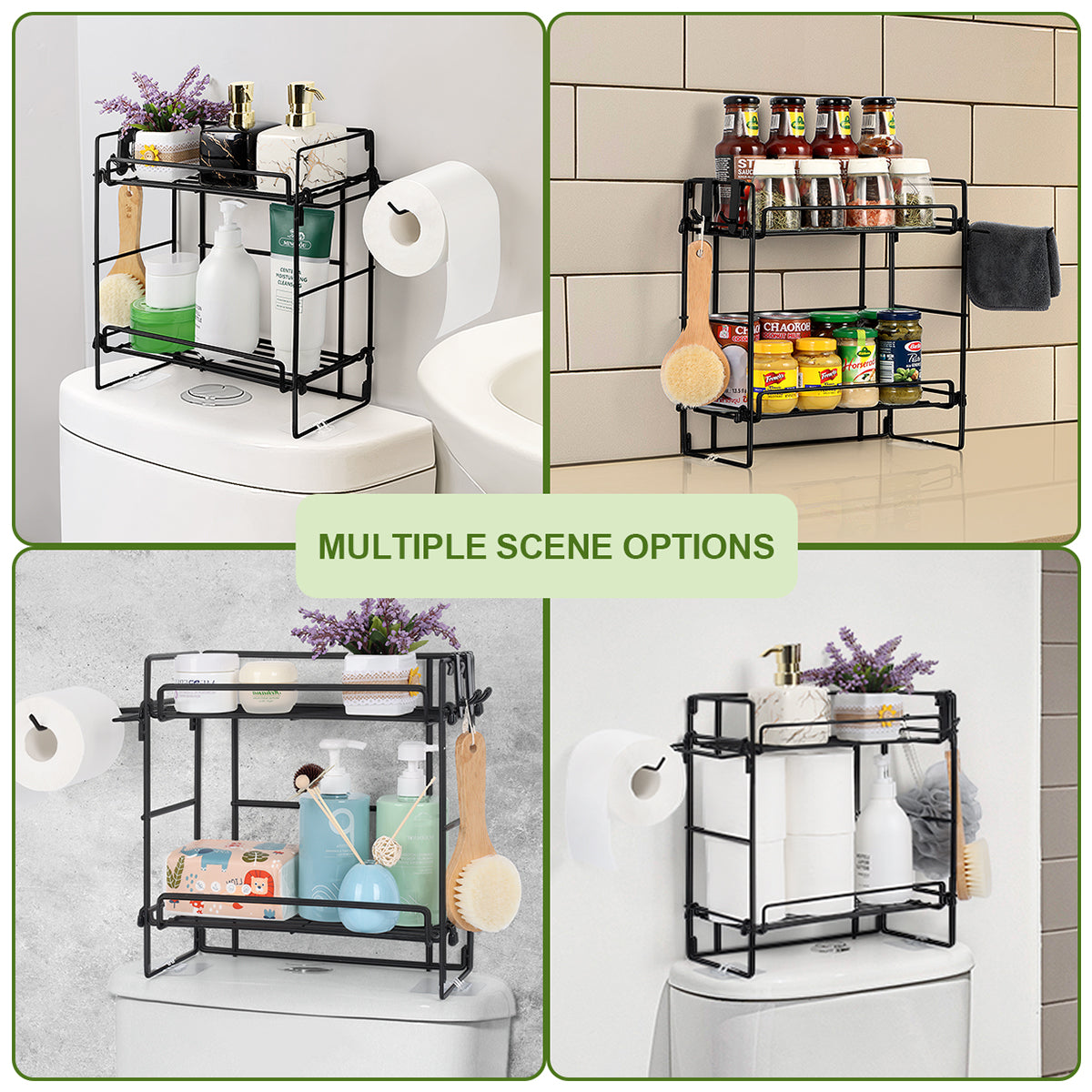 2 Pack Toilet storage cabinet, Bathroom Organizers, 2-Tier Over Toilet Storage, Floating Shelves with 2 Hooks & Paper Holder, Wall Mounted Shelf Furniture, Cool Accessories & Decor, Gifts for Women, Mothers Day (Black)