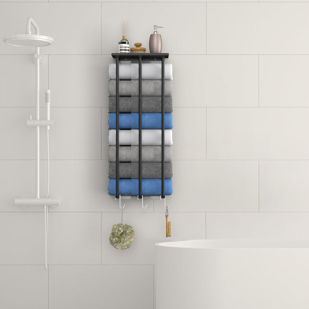 Wall Mounted Towel Rack with Wood Shelf & 6 Hooks, Metal Bathroom Organizer for Large Rolled Towels, Black,