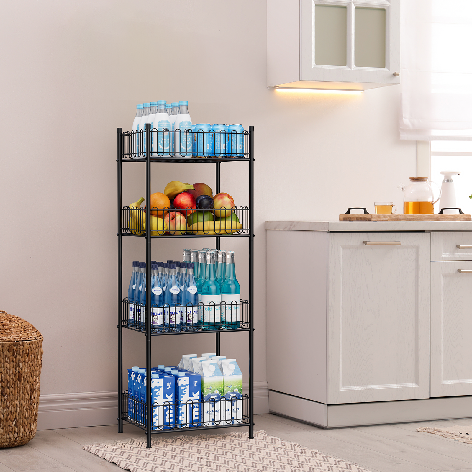 4-Tier Beverage and Bottle Storage Rack, Multi-Level Pantry Can Dispenser and Tumbler Organizer for Kitchen Organization and Event Hosting