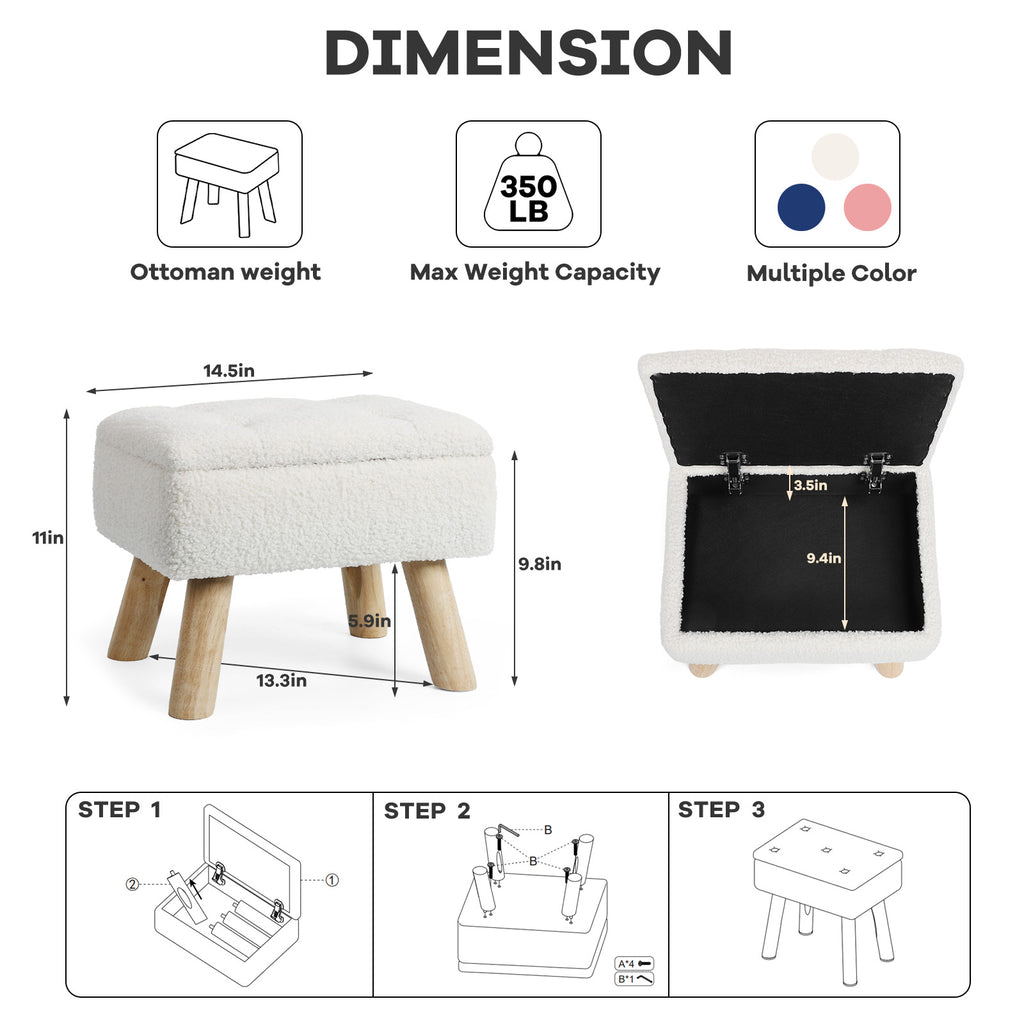 Cozy BouclÃ© Storage Ottoman | Chic Teddy Velvet Footstool with Natural Wood Legs