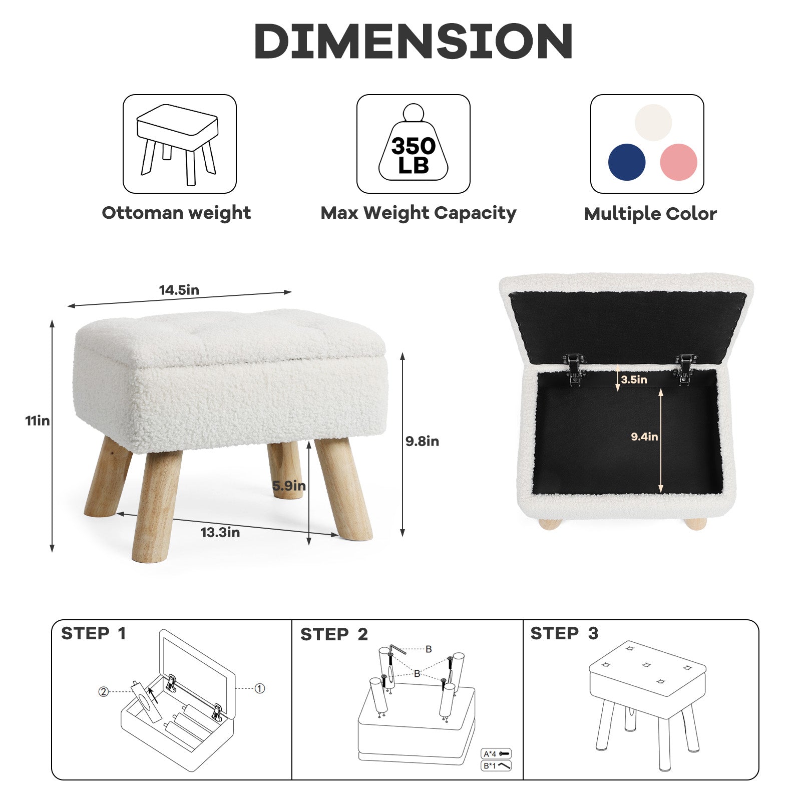Cozy BouclÃ© Storage Ottoman | Chic Teddy Velvet Footstool with Natural Wood Legs