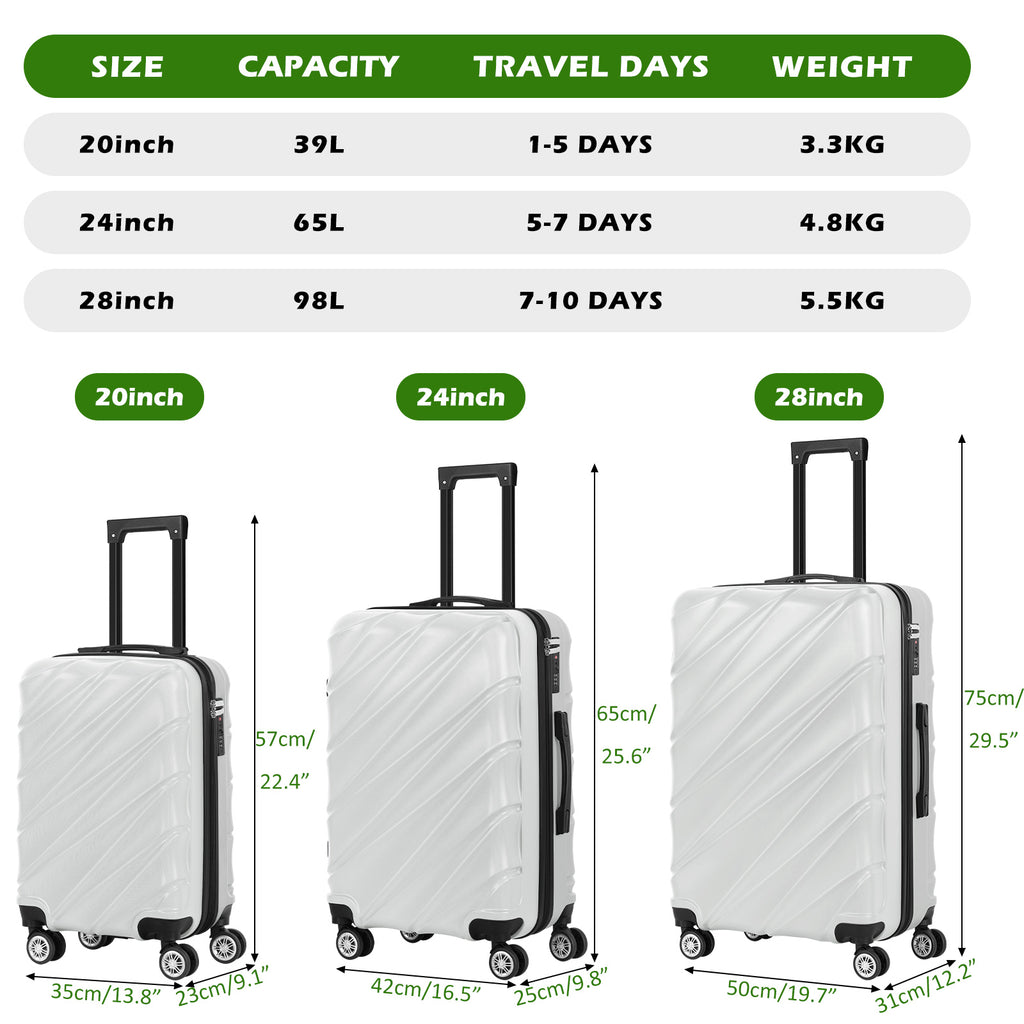 Luggage Sets 3 Piece Hardside Suitcases Sets with TSA Lock Double Spinner Wheels (20in/24in/28in, Black, Silver, Red