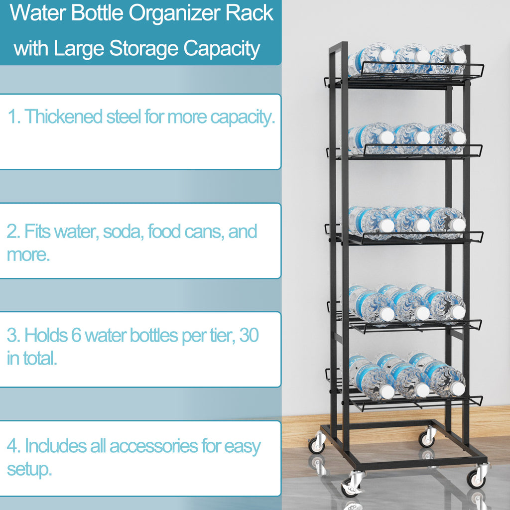 5 Tier Rolling Water Bottle Organizer Stand with Lockable Casters, Black Metal Beverage Bottle Storage Rack, Freestanding Water Bottle Holder for Kitchen Pantry Cabinet Garage