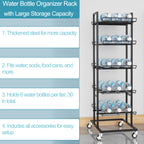 5 Tier Rolling Water Bottle Organizer Stand with Lockable Casters, Black Metal Beverage Bottle Storage Rack, Freestanding Water Bottle Holder for Kitchen Pantry Cabinet Garage