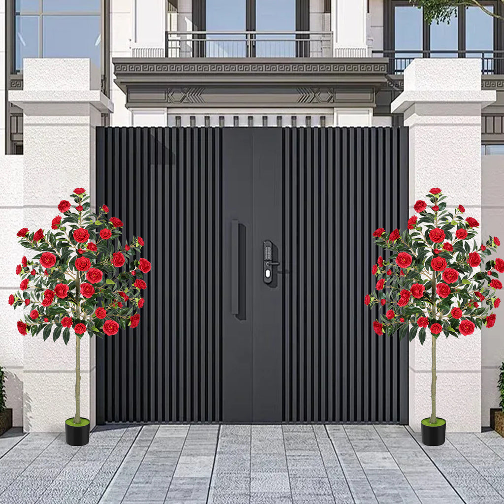 6ft Artificial Camellia Tree, Large Red Faux Blooming Tree in Pot, Tall Silk Floral Plant for Indoor Home Office & Front Door Decor