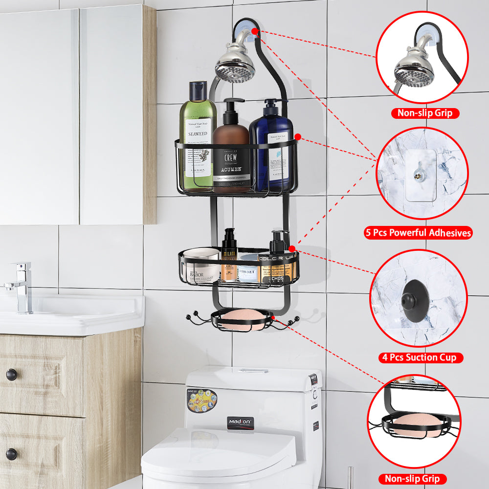 Bathroom Shower Head Hanging Caddy, Heavy Duty Powder Coated Anti-Rust Shower Organizer with 3 Storage Baskets, Drill-Free Shower Rack Accessories Holder for Bathroom Tub