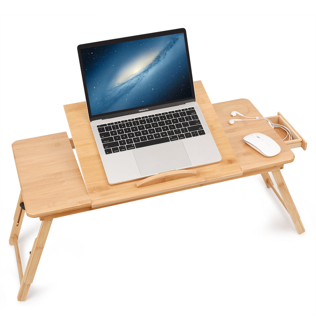 Large Ambidextrous Bamboo Bed Tray for Laptops, Tilting Surface Breakfast Table with Storage Drawer
