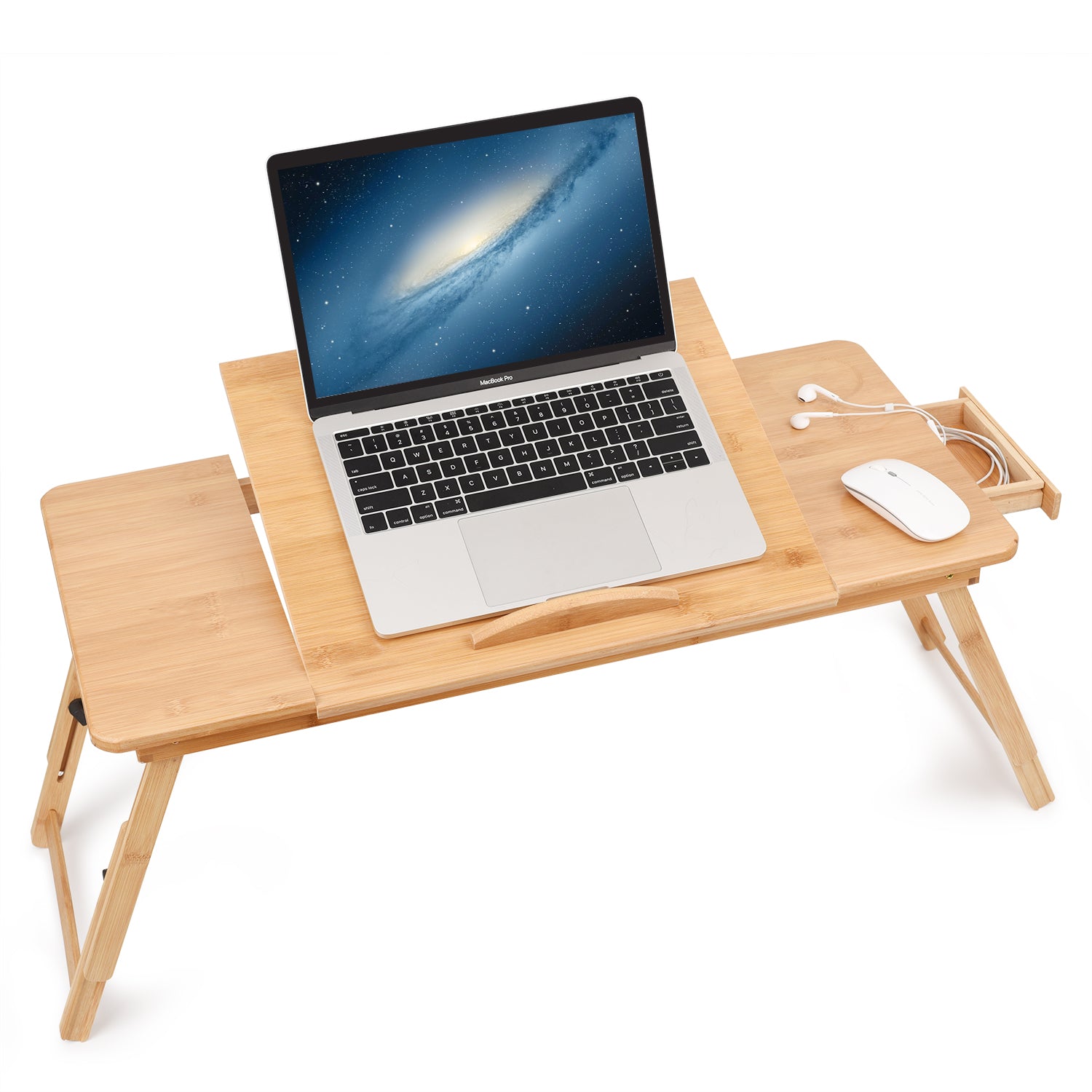 Large Ambidextrous Bamboo Bed Tray for Laptops, Tilting Surface Breakfast Table with Storage Drawer
