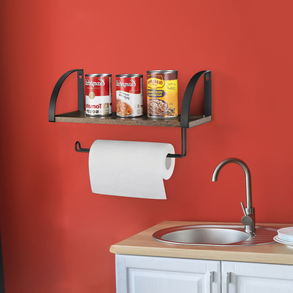 Wall-Mounted Wood Paper Towel Holder with Shelf - Farmhouse Kitchen Under-Cabinet Rack - Rustic Spice Organizer & Bathroom Towel Storage