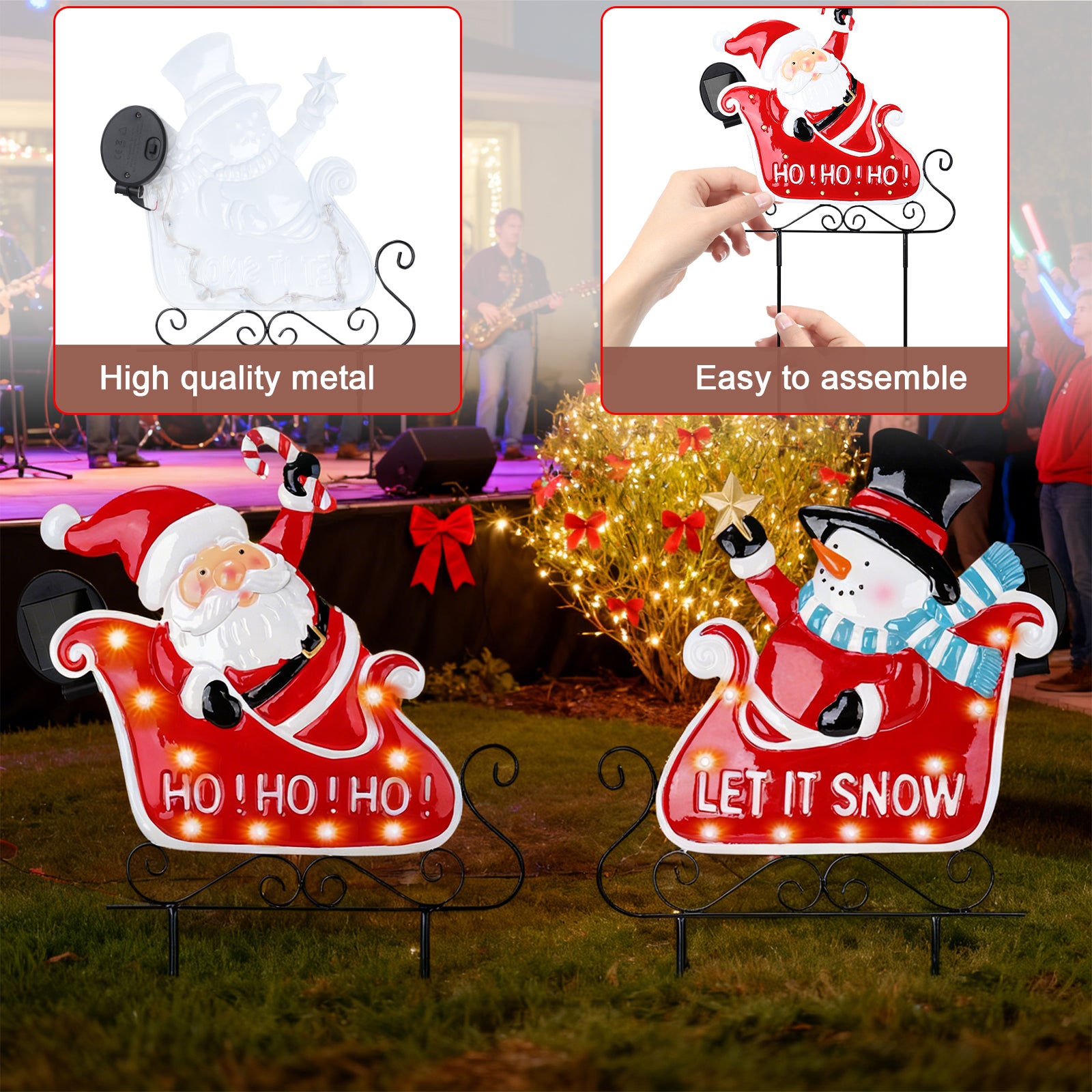 2-Pack Solar Christmas Metal Garden Stakes - LED Lighted Sleigh Signs for Pathway & Lawn Decor