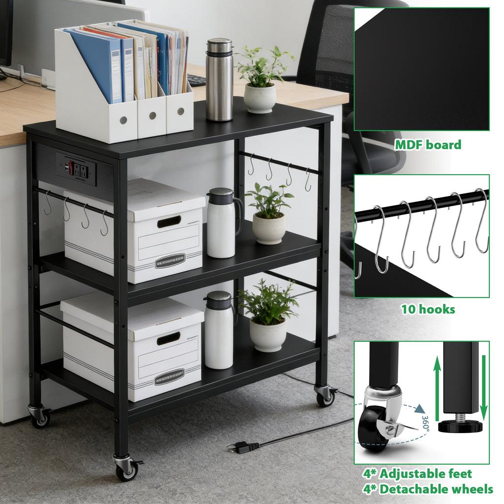 3-Tier Rolling Baker's Rack - Kitchen Microwave Stand with Power Outlets & 10 Hanging Hooks, Black,