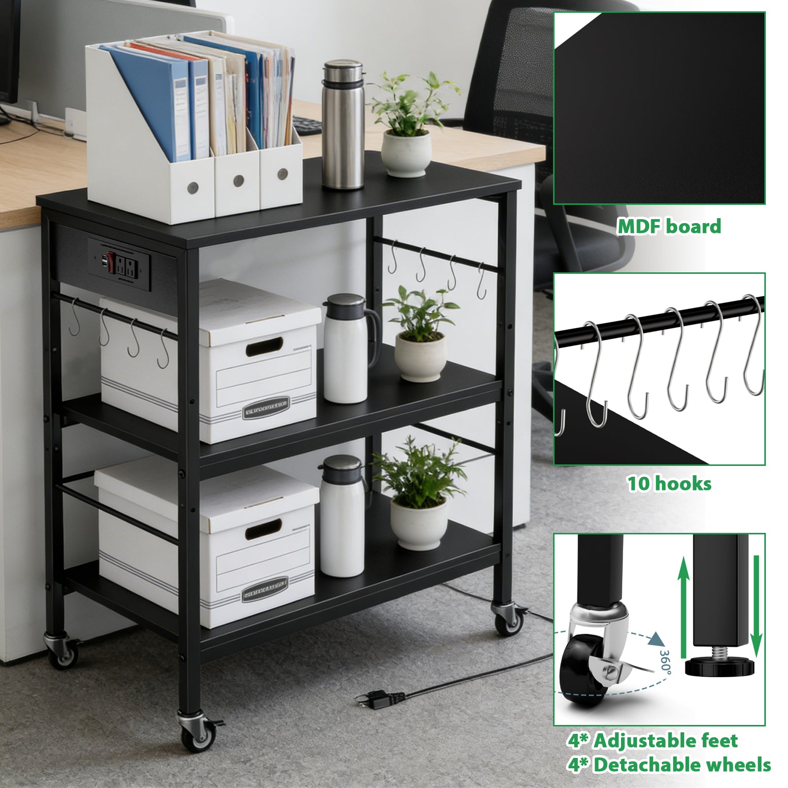 3-Tier Rolling Baker's Rack - Kitchen Microwave Stand with Power Outlets & 10 Hanging Hooks, Black,
