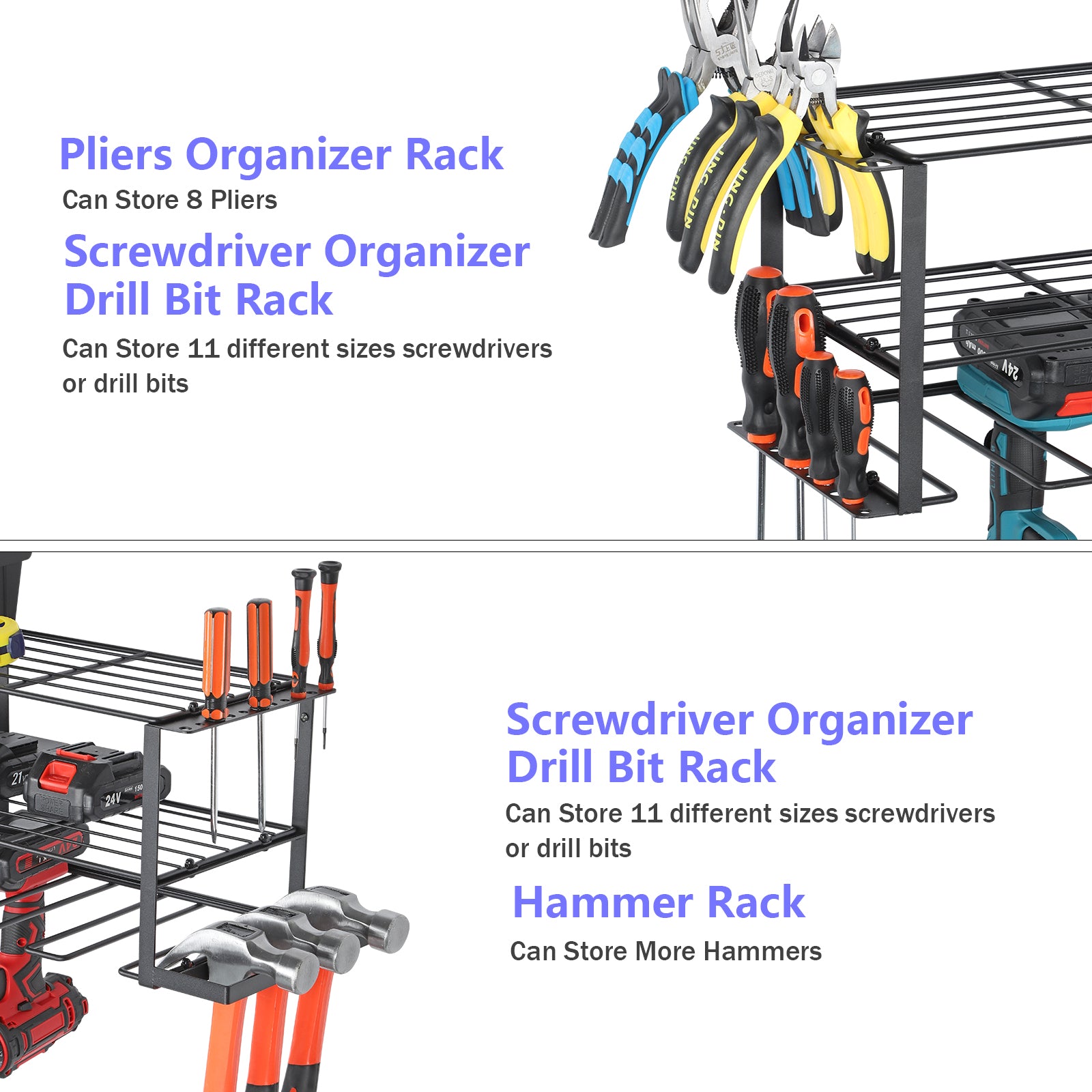 Power Tool Organiser with 6 Drill Holders, Garage Tool Organiser and Storage Rack, Wall Mounted Power Tool Rack, Heavy Duty Metal Tool Rack, Free Standing Tool Rack
