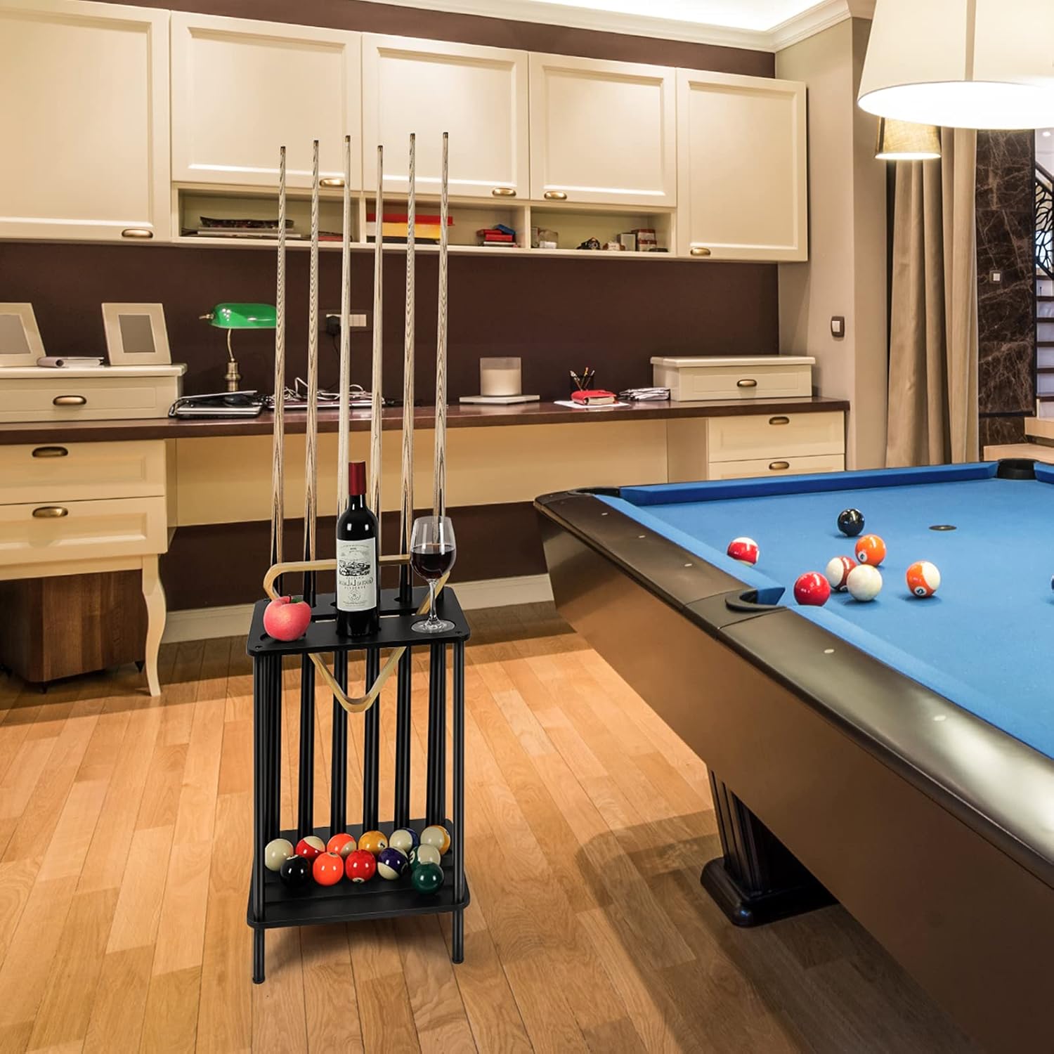Pool Cue Rack for 6 Sticks - Floor Stand Billiard Accessories Storage, Black Wood