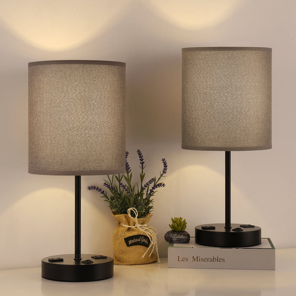 Set of 2 Grey Fabric Shade Nightstand Lamps with Integrated Dual USB Ports and AC Outlet, Modern Black Metal Desk Lighting for Home Office and Bedroom