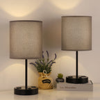 Set of 2 Grey Fabric Shade Nightstand Lamps with Integrated Dual USB Ports and AC Outlet, Modern Black Metal Desk Lighting for Home Office and Bedroom