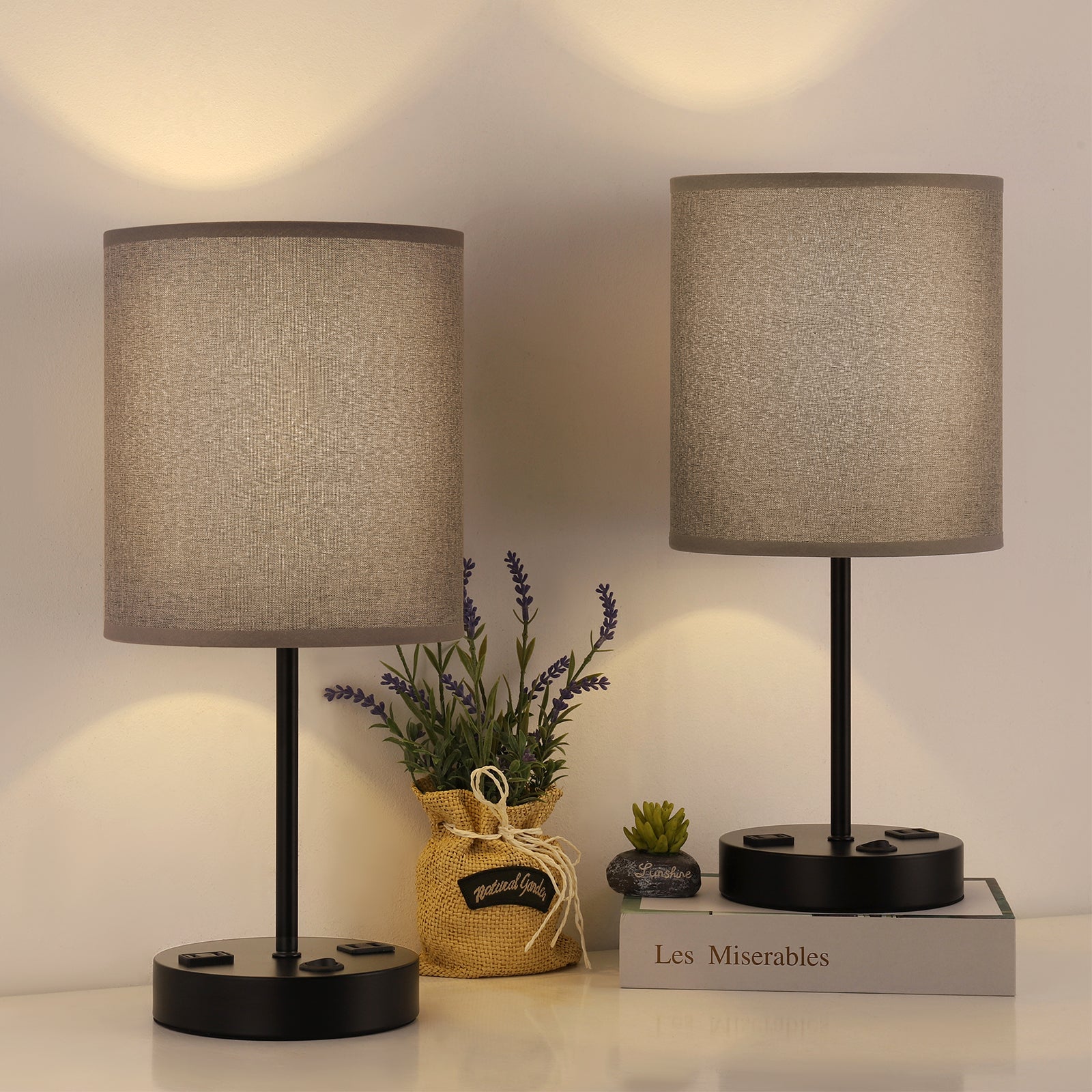 Set of 2 Grey Fabric Shade Nightstand Lamps with Integrated Dual USB Ports and AC Outlet, Modern Black Metal Desk Lighting for Home Office and Bedroom