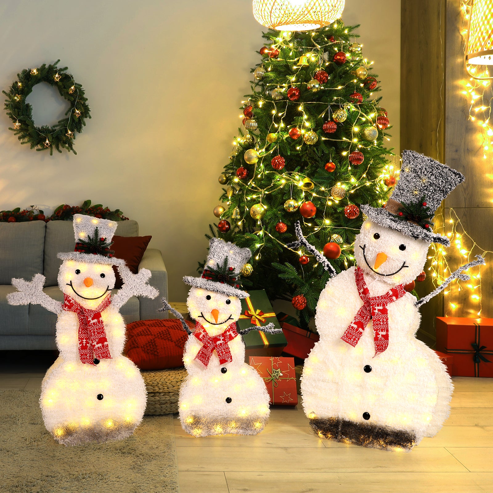 1pcs/3pcs Lighted Christmas Snowman Outdoor Decoration, Pre-Lit Snowmen with 140 LED Lights, 2D Light Up Plush Snowman Family for Xmas Front Door Indoor Garden Party New Year Yard Winter Lighted Holiday Displays Battery-powered