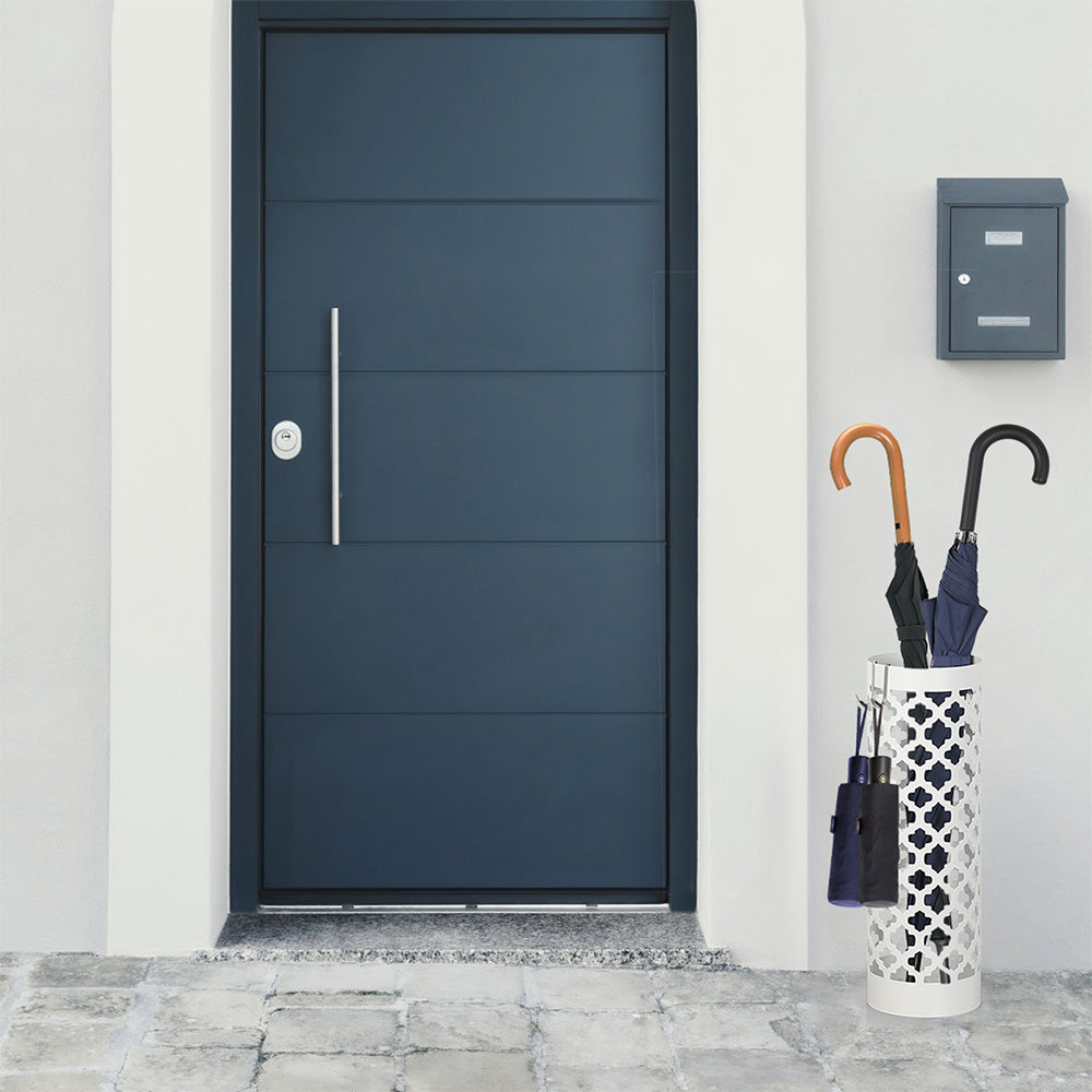 Modern Metal Umbrella Stand - Round White Umbrella Holder Rack with Drip Tray and Hooks for Entryway