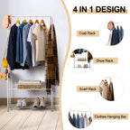 White Freestanding Coat Rack with 2-Tier Shoe Shelves, Metal Clothing Garment Rack for Bedroom & Entryway,